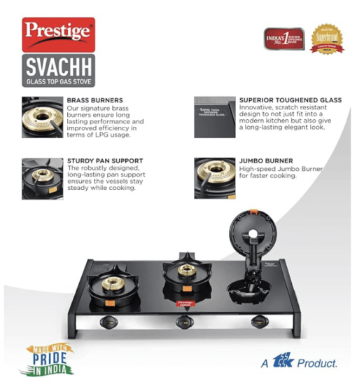 Prestige Svachh GTSV-03 Easy Clean Glass-Top 3 Brass Burner LPG Gas Table | Black | Liftable Burner Set | Sturdy Pan Support | Ergonomic Knob Design | Rubber Bottom Pads - Image 3